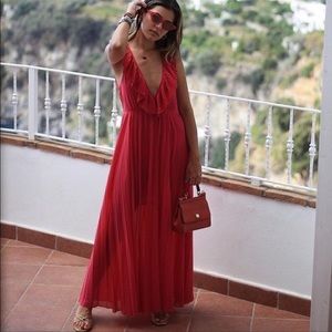 Zara Red Pleated Maxi Dress - L